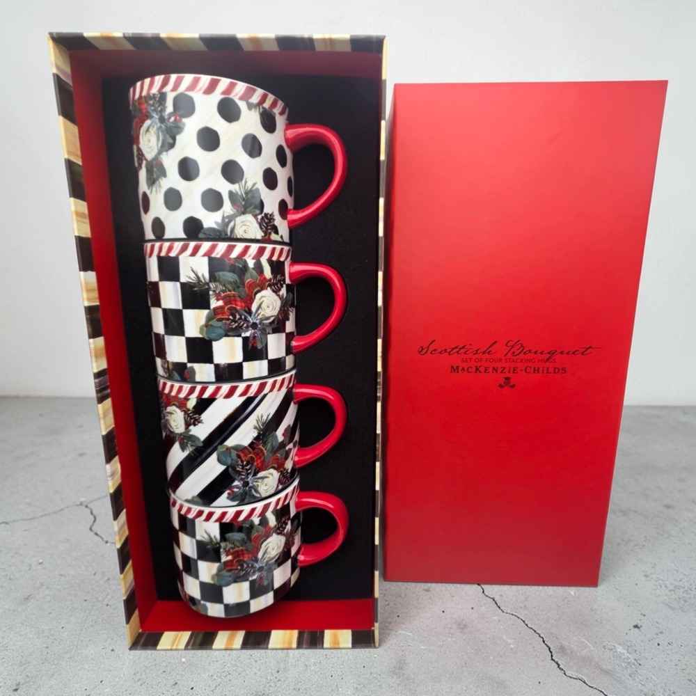 MacKenzie Childs Scottish Bouquet Set Of 4 Stacking Mugs 12oz.   BRAND NEW